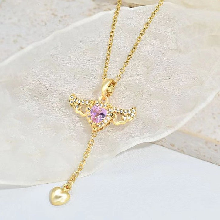 Moving Cupid Heart Angel Wings Tassel Necklace with Crystal Clavicle Chain for Women