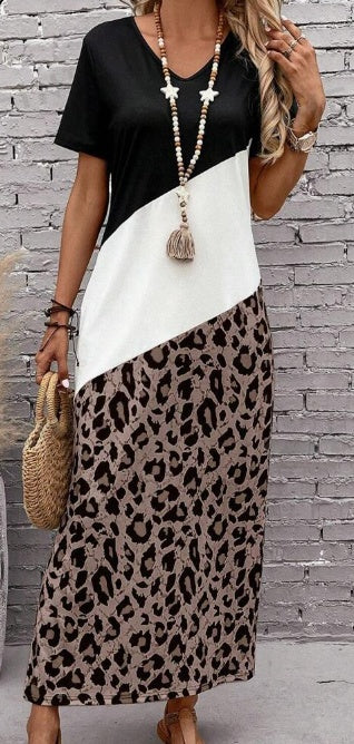 Leopard Print Colorblock Long Summer Tee Dress with Sleeves