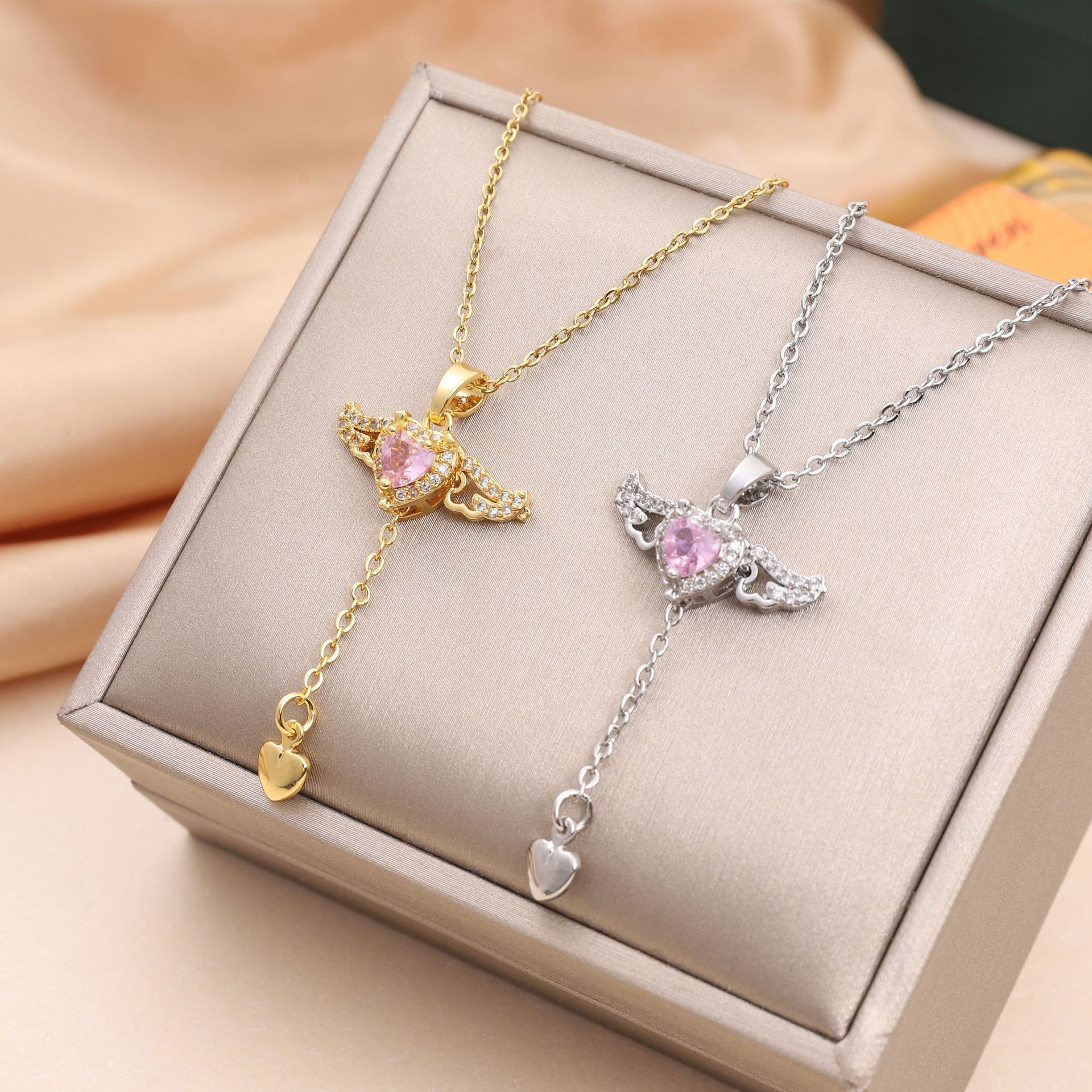 Moving Cupid Heart Angel Wings Tassel Necklace with Crystal Clavicle Chain for Women