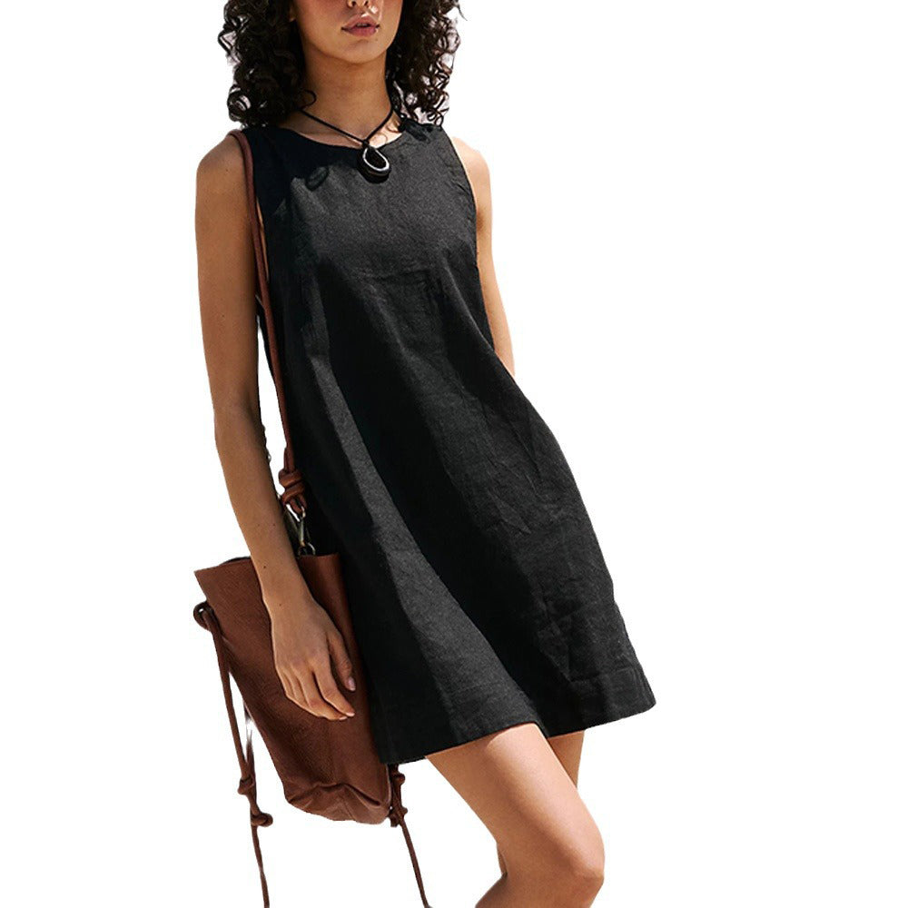 Women’s Summer Backless Sleeveless Solid Color Beach Dress