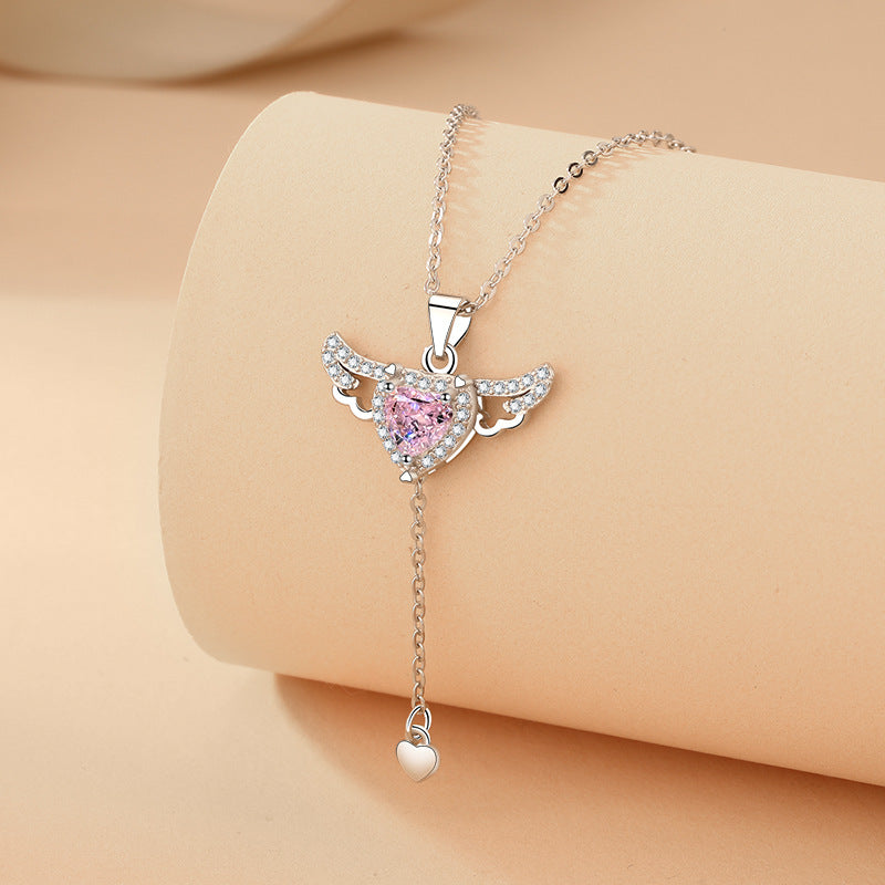 Moving Cupid Heart Angel Wings Tassel Necklace with Crystal Clavicle Chain for Women