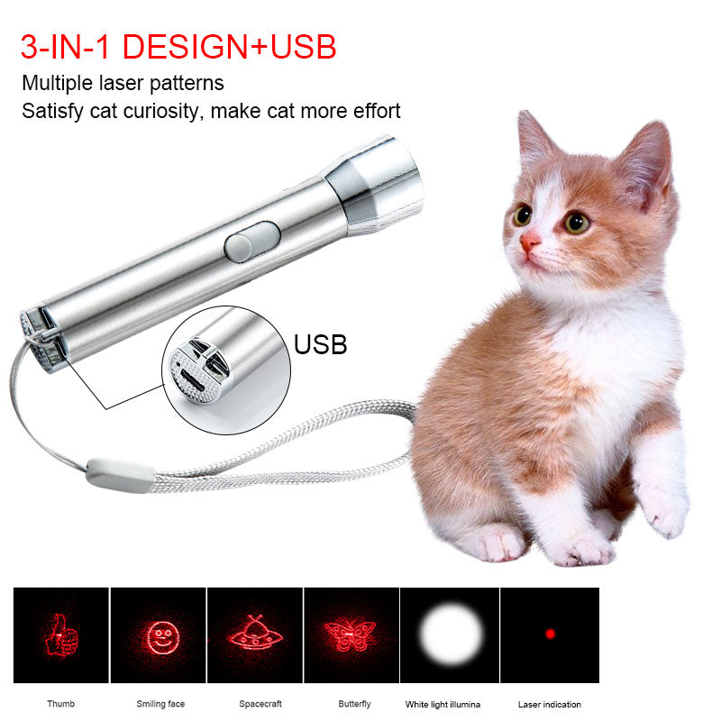 Rechargeable Stainless Steel Cat Laser Toy with White Light, Purple Light and Red Laser