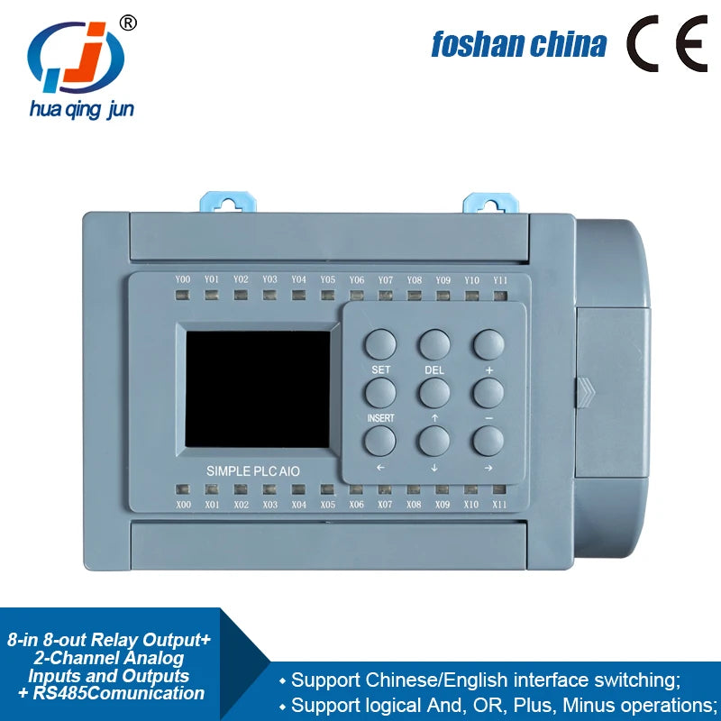 Huaqingjun 8DI 8DO PLC Controller with Relay Output, 2AI 2AO, RS485 Modbus RTU Programmable Logic Controller for Greenhouse Automation