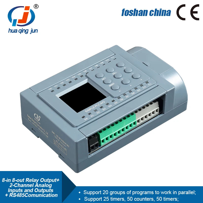 Huaqingjun 8DI 8DO PLC Controller with Relay Output, 2AI 2AO, RS485 Modbus RTU Programmable Logic Controller for Greenhouse Automation