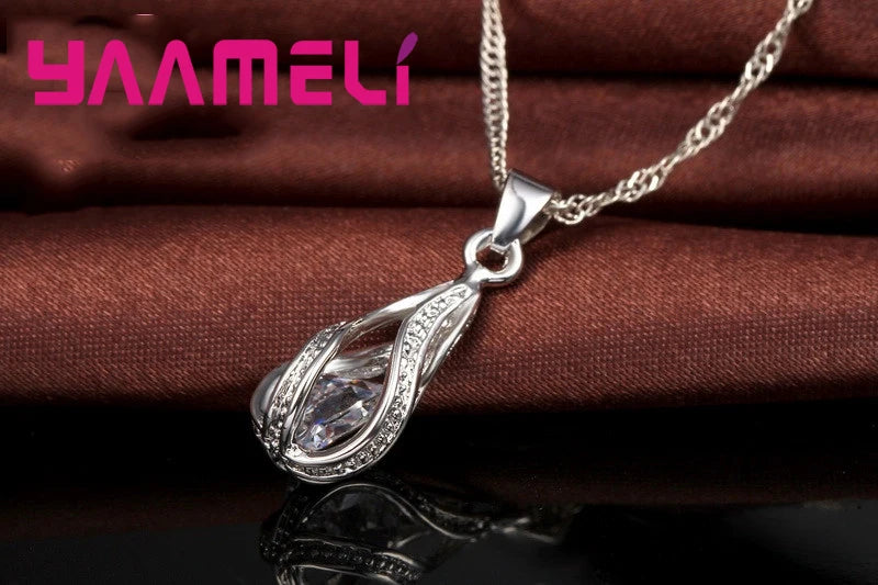 Women’s Water Drop CZ Jewelry Set with Necklace, Hoop Earrings and Ring