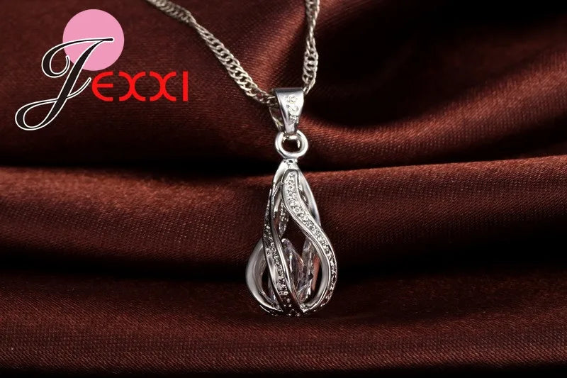 Women’s Water Drop CZ Jewelry Set with Necklace, Hoop Earrings and Ring