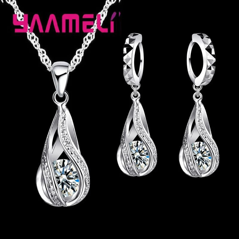Women’s Water Drop CZ Jewelry Set with Necklace, Hoop Earrings and Ring