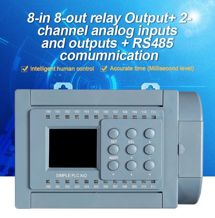 Huaqingjun 8DI 8DO PLC Controller with Relay Output, 2AI 2AO, RS485 Modbus RTU Programmable Logic Controller for Greenhouse Automation