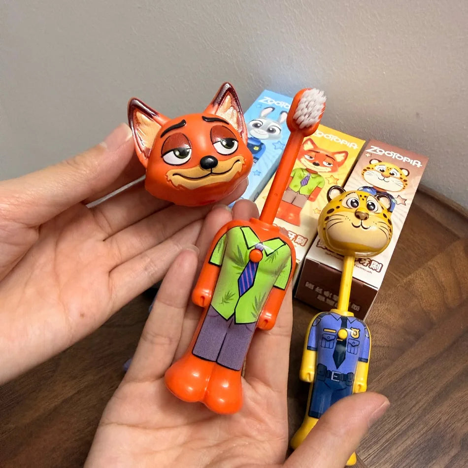 Cute Cartoon Animal Kids Toothbrush with Nick and Judy Figures, Transformable Soft Fine Bristles