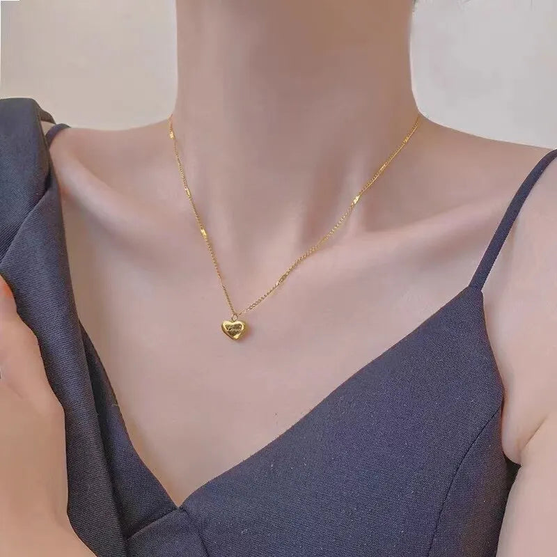 Gold Color Heart Necklace for Women Simple Fashion Love Engraved Collarbone Chain Holiday Gift