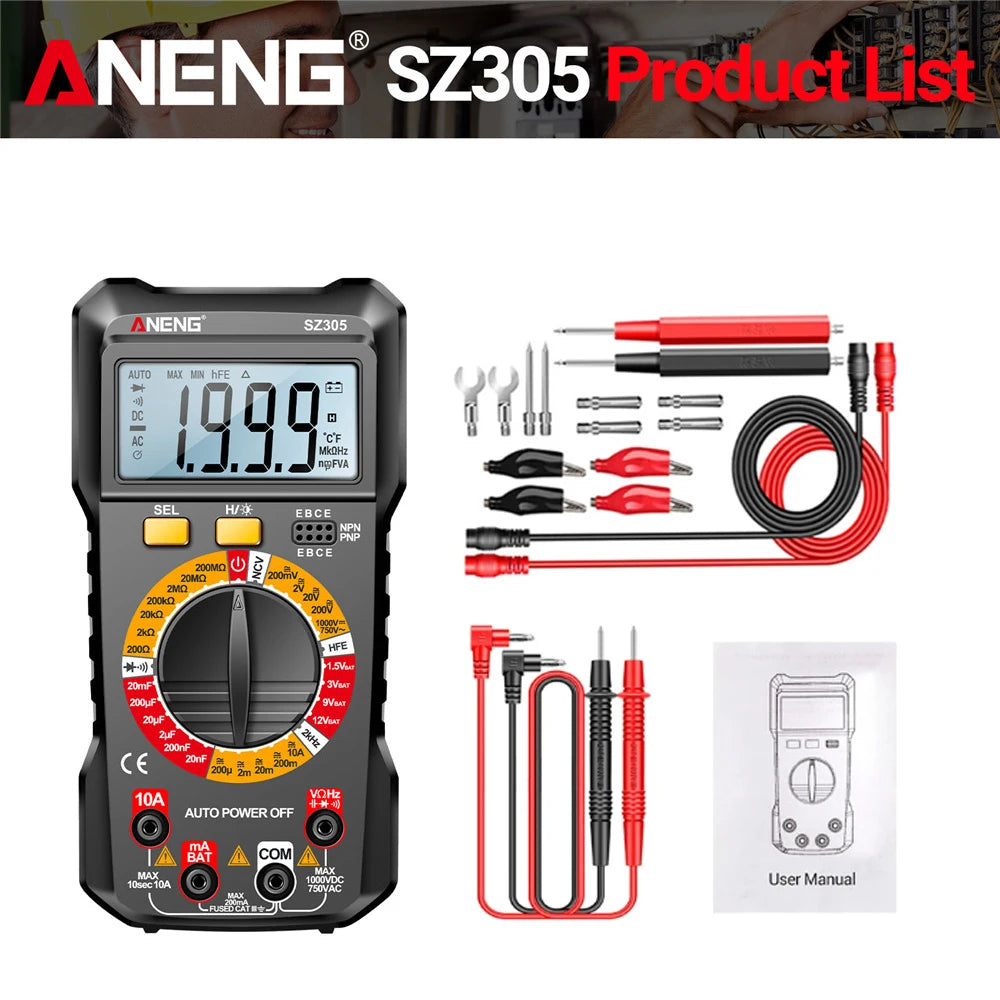 ANENG SZ305 Digital Multimeter Professional AC/DC Voltage Ammeter with Capacitor, hFE Triode and NCV Tester