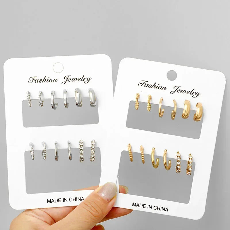 6Pcs Stainless Steel Crystal Zirconia Hoop Earrings Set