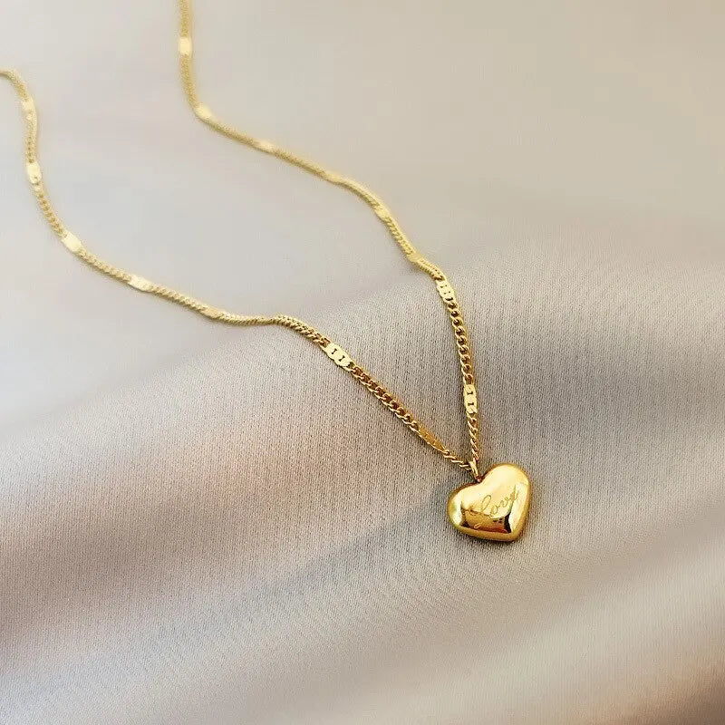 Gold Color Heart Necklace for Women Simple Fashion Love Engraved Collarbone Chain Holiday Gift