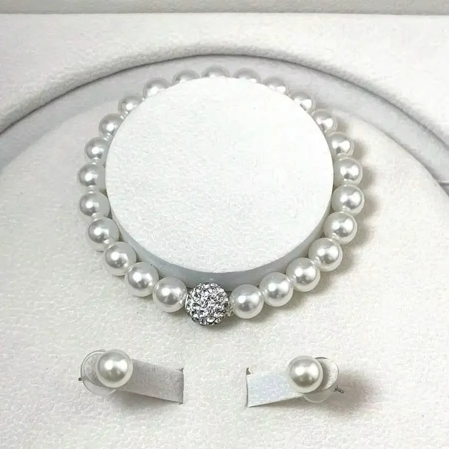 3-Piece Imitation Pearl Fireball Jewelry Set – Necklace, Bracelet & Stud Earrings with Crystal Stones