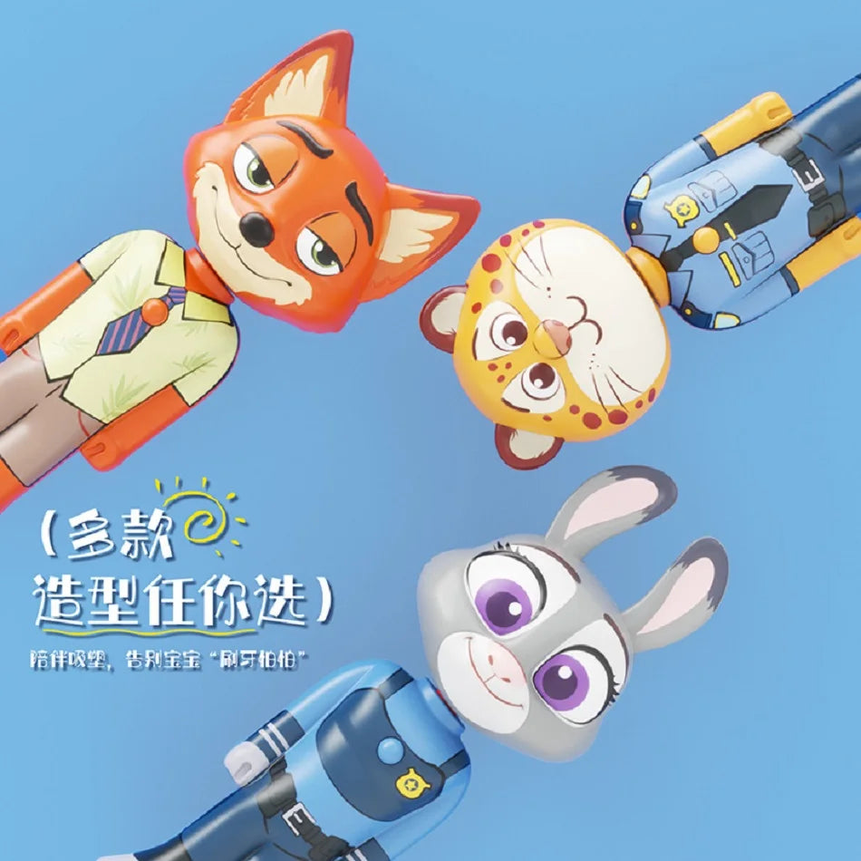 Cute Cartoon Animal Kids Toothbrush with Nick and Judy Figures, Transformable Soft Fine Bristles