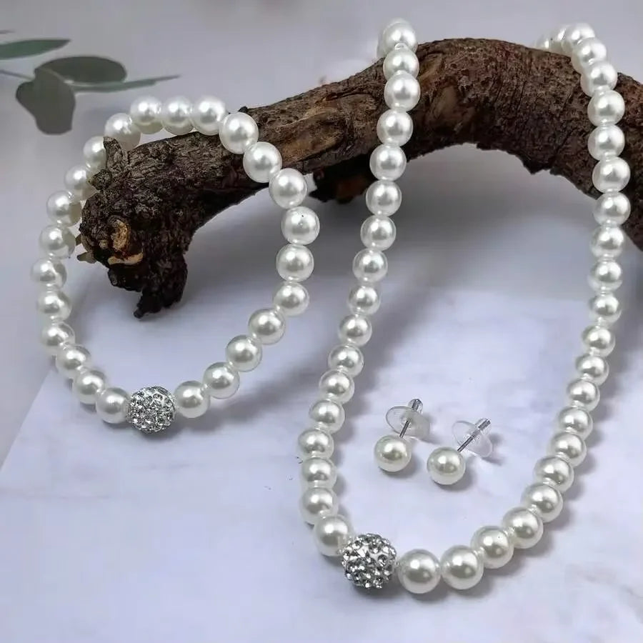 3-Piece Imitation Pearl Fireball Jewelry Set – Necklace, Bracelet & Stud Earrings with Crystal Stones