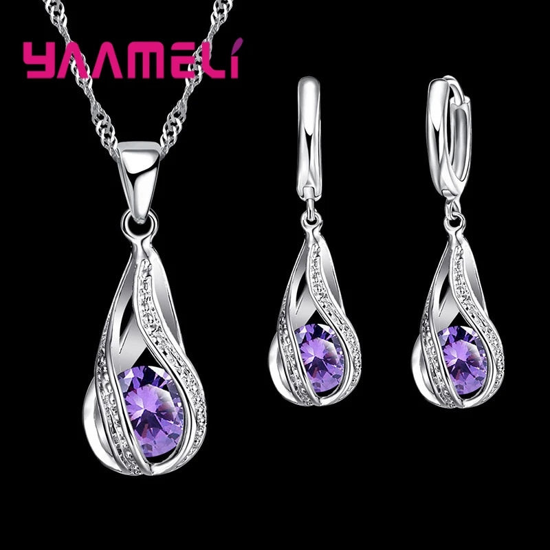 Women’s Water Drop CZ Jewelry Set with Necklace, Hoop Earrings and Ring