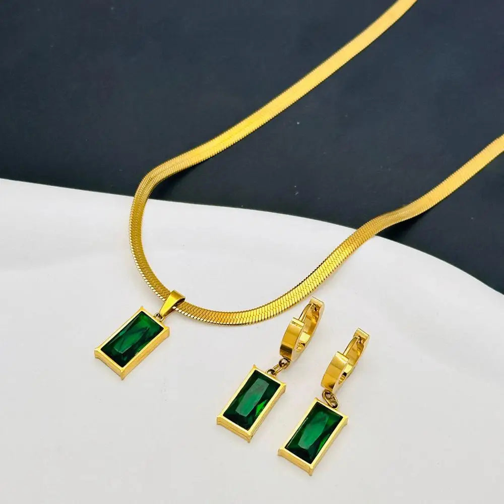 Green Crystal Necklace and Earrings Jewelry Set for Women