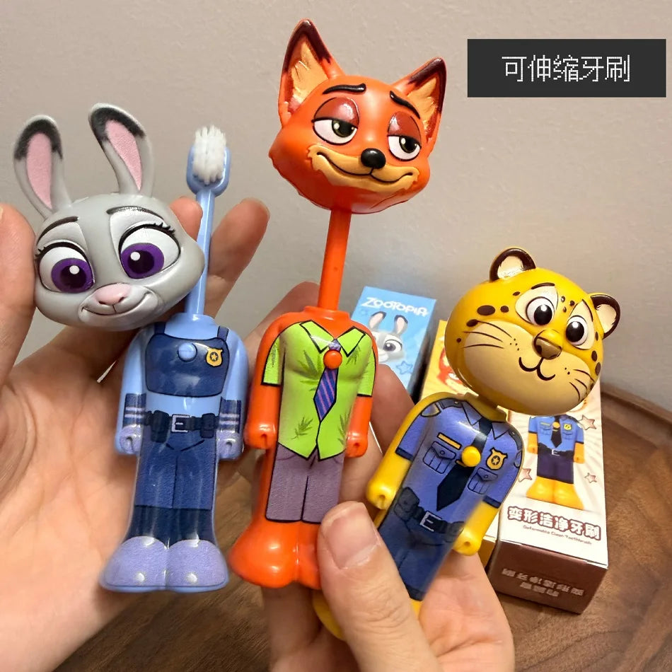 Cute Cartoon Animal Kids Toothbrush with Nick and Judy Figures, Transformable Soft Fine Bristles