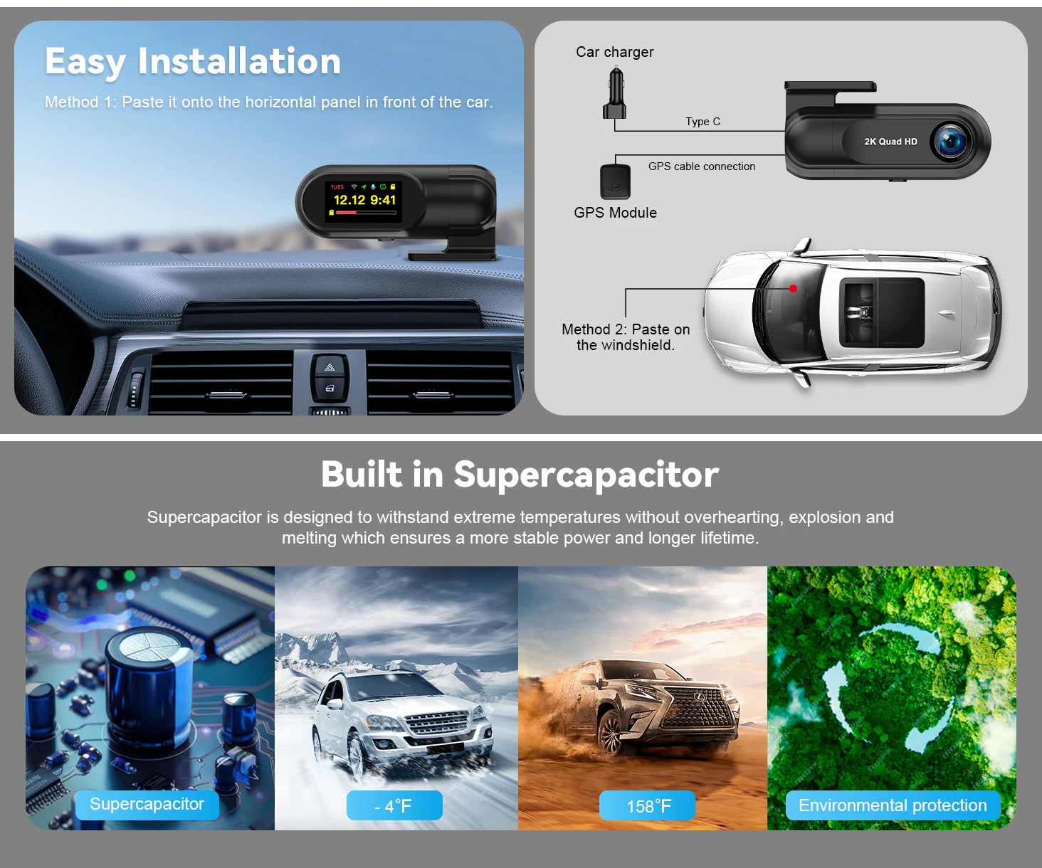 Soam 2.5K Front Dash Cam Built-in WiFi Car DVR with G-Sensor, Night Vision, WDR, GPS and 24H Parking Mode