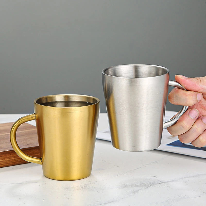 300ml Double-Layer 304 Stainless Steel Coffee Mug with Handle Gold and Silver Drinkware Cup