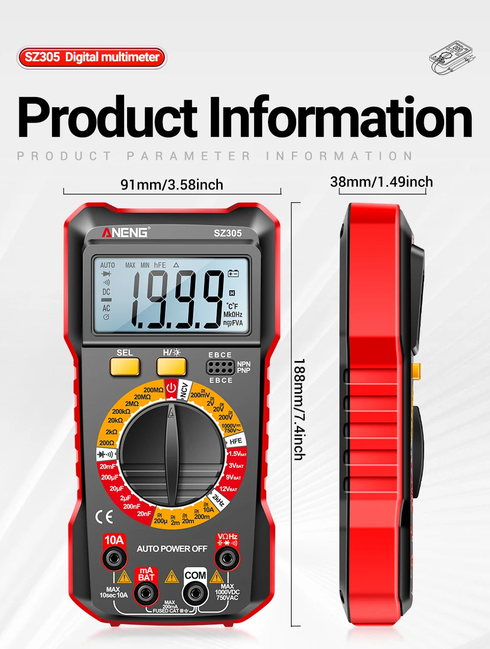ANENG SZ305 Digital Multimeter Professional AC/DC Voltage Ammeter with Capacitor, hFE Triode and NCV Tester