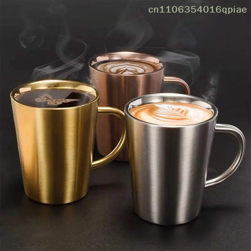 300ml Double-Layer 304 Stainless Steel Coffee Mug with Handle Gold and Silver Drinkware Cup