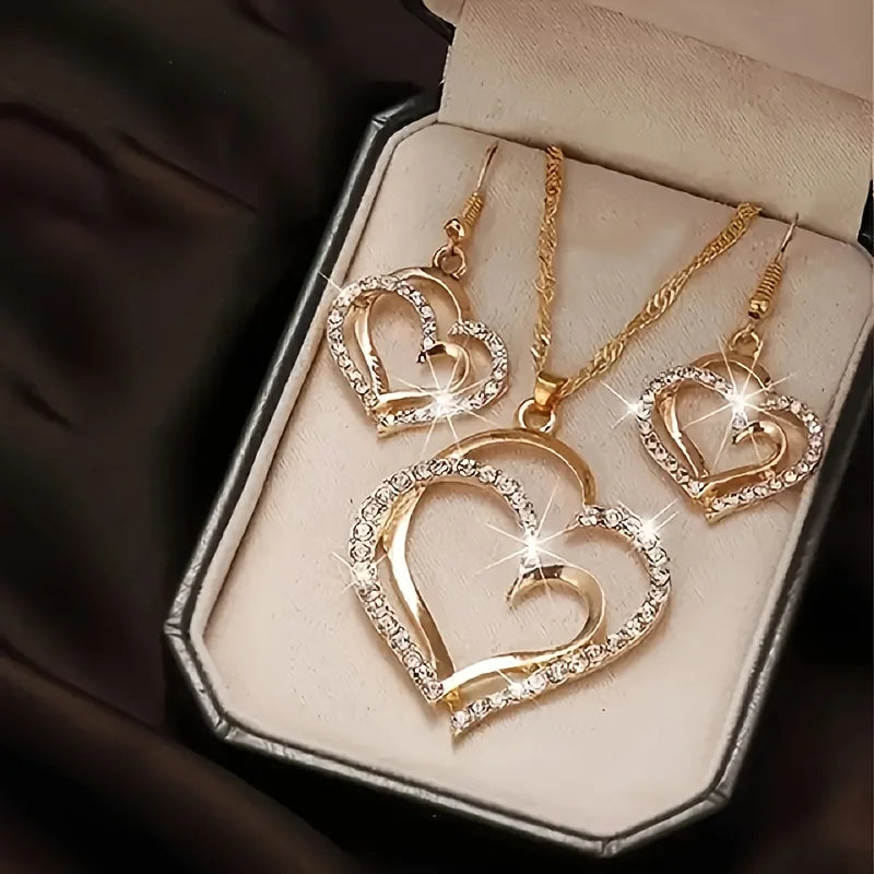 Women’s Double-Layer Hollow Heart Pendant Necklace with Rhinestones