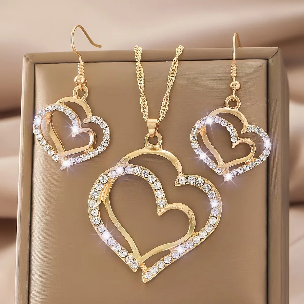 Women’s Double-Layer Hollow Heart Pendant Necklace with Rhinestones