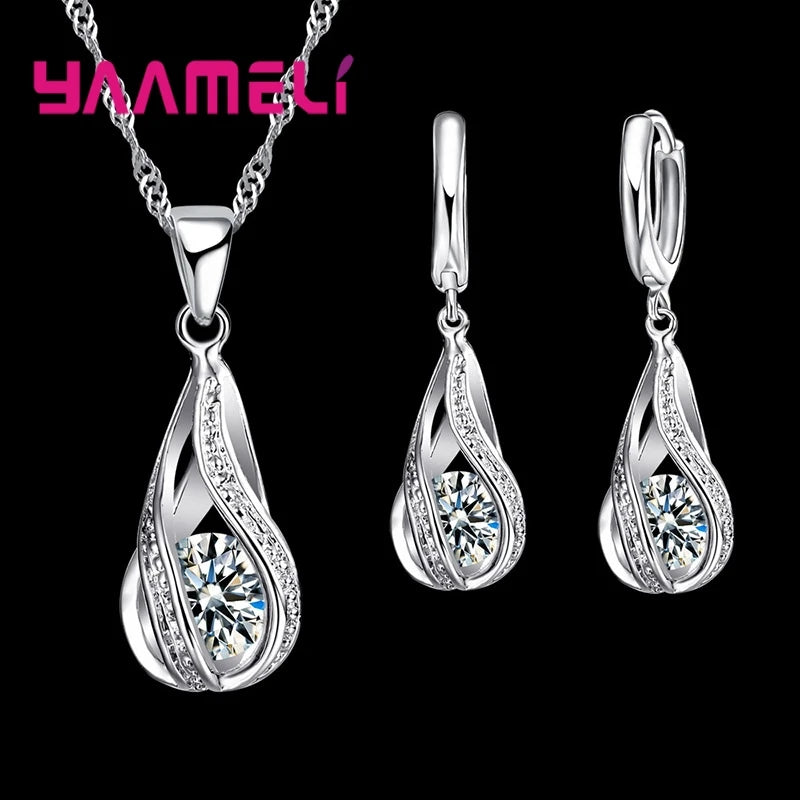 Women’s Water Drop CZ Jewelry Set with Necklace, Hoop Earrings and Ring
