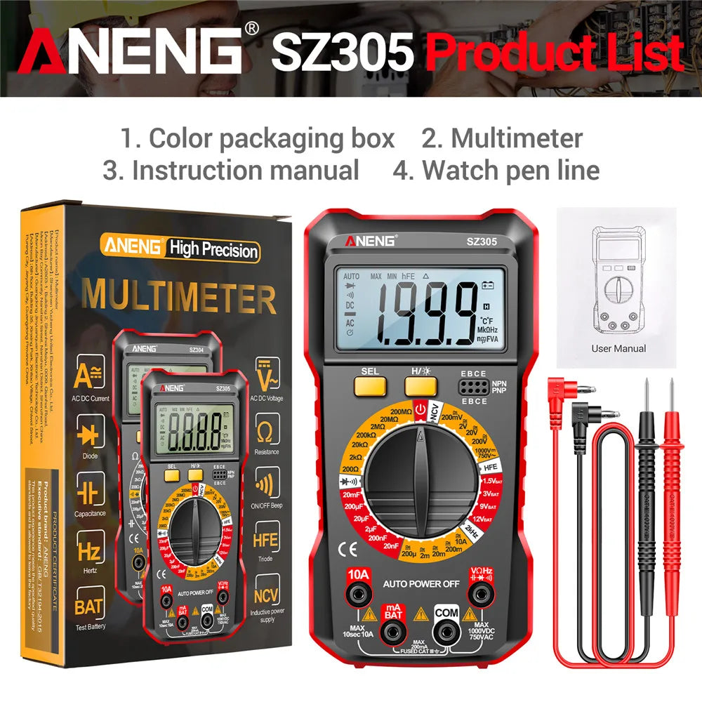 ANENG SZ305 Digital Multimeter Professional AC/DC Voltage Ammeter with Capacitor, hFE Triode and NCV Tester