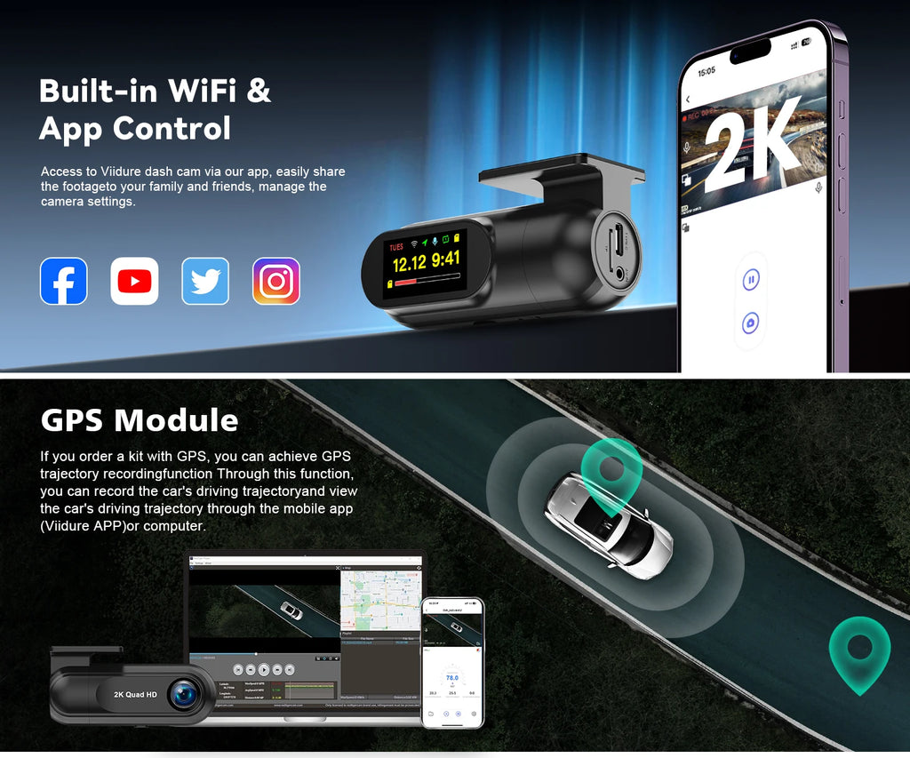 Soam 2.5K Front Dash Cam Built-in WiFi Car DVR with G-Sensor, Night Vision, WDR, GPS and 24H Parking Mode