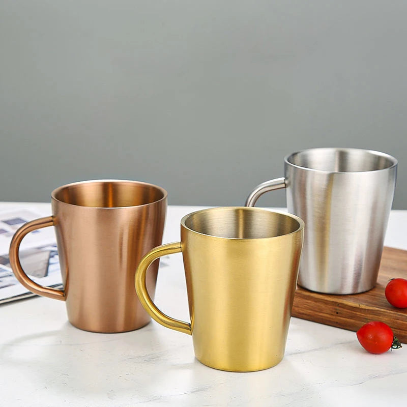 300ml Double-Layer 304 Stainless Steel Coffee Mug with Handle Gold and Silver Drinkware Cup