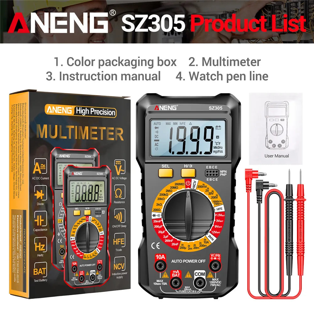 ANENG SZ305 Digital Multimeter Professional AC/DC Voltage Ammeter with Capacitor, hFE Triode and NCV Tester
