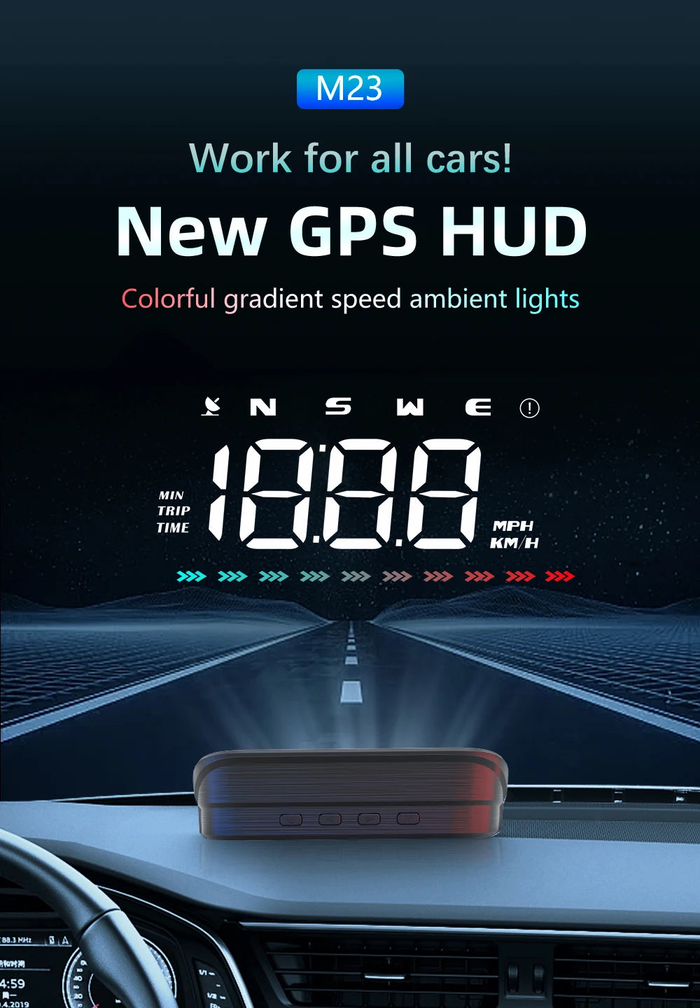 M23 Car GPS Head Up Display On-board Speedometer Windshield Projector Overspeed Alarm