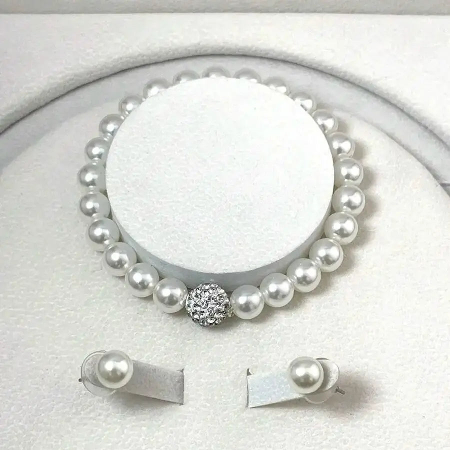 3-Piece Imitation Pearl Fireball Jewelry Set – Necklace, Bracelet & Stud Earrings with Crystal Stones