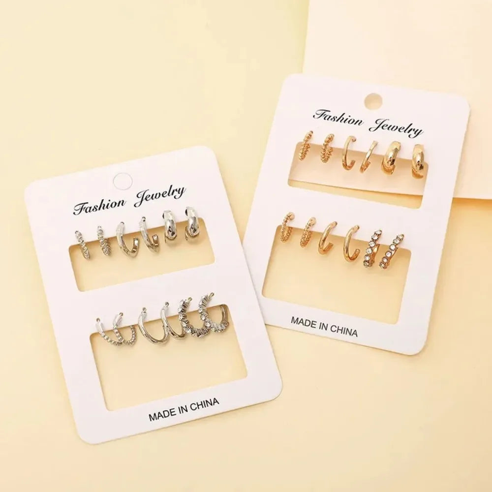 6Pcs Stainless Steel Crystal Zirconia Hoop Earrings Set
