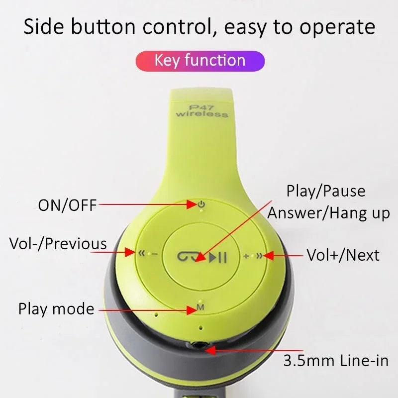 Headphone P47 Dobrável Bluetooth 5.0 com Entrada para Cartão TF e Conexão por Cabo