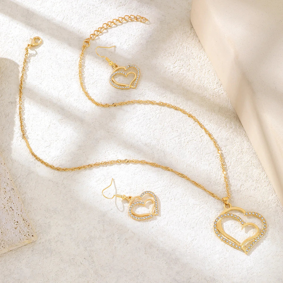 Women’s Double-Layer Hollow Heart Pendant Necklace with Rhinestones