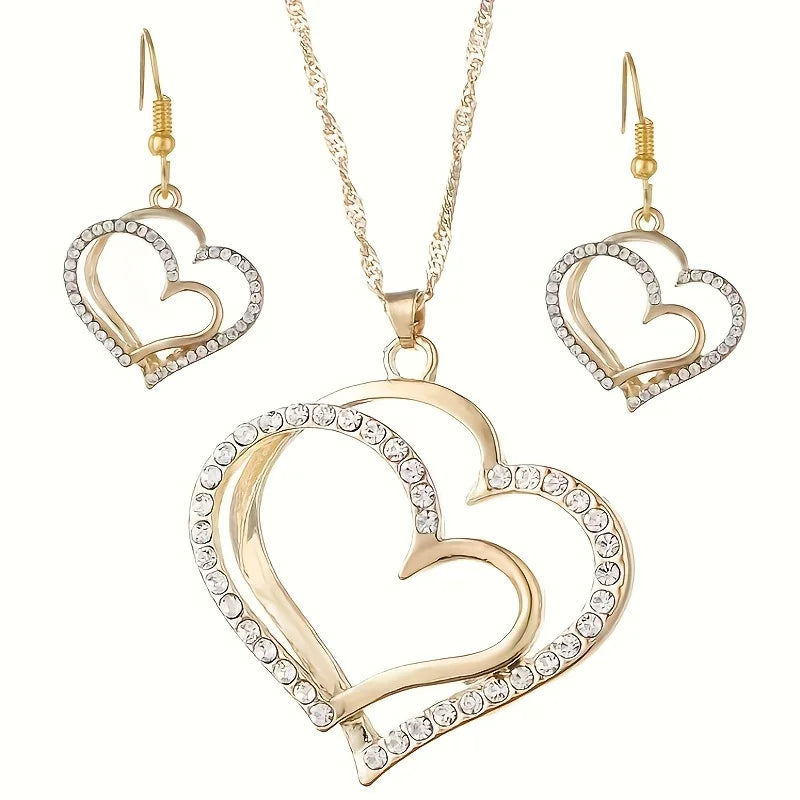 Women’s Double-Layer Hollow Heart Pendant Necklace with Rhinestones