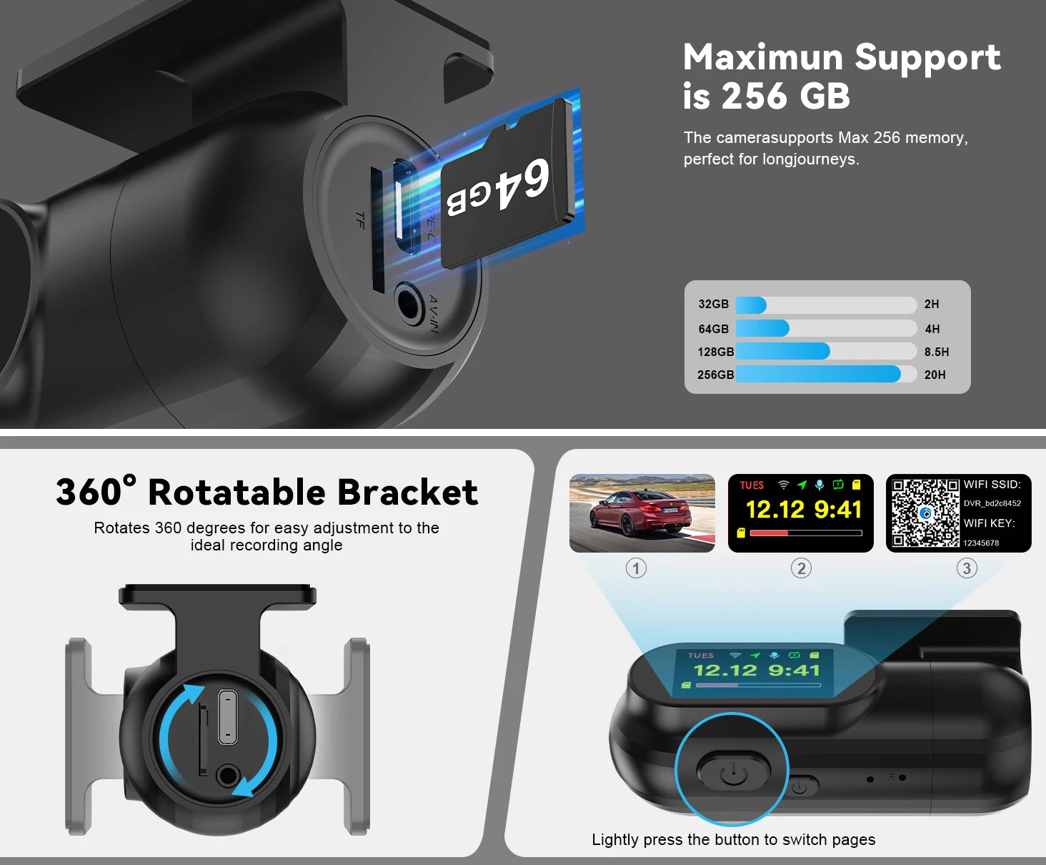 Soam 2.5K Front Dash Cam Built-in WiFi Car DVR with G-Sensor, Night Vision, WDR, GPS and 24H Parking Mode