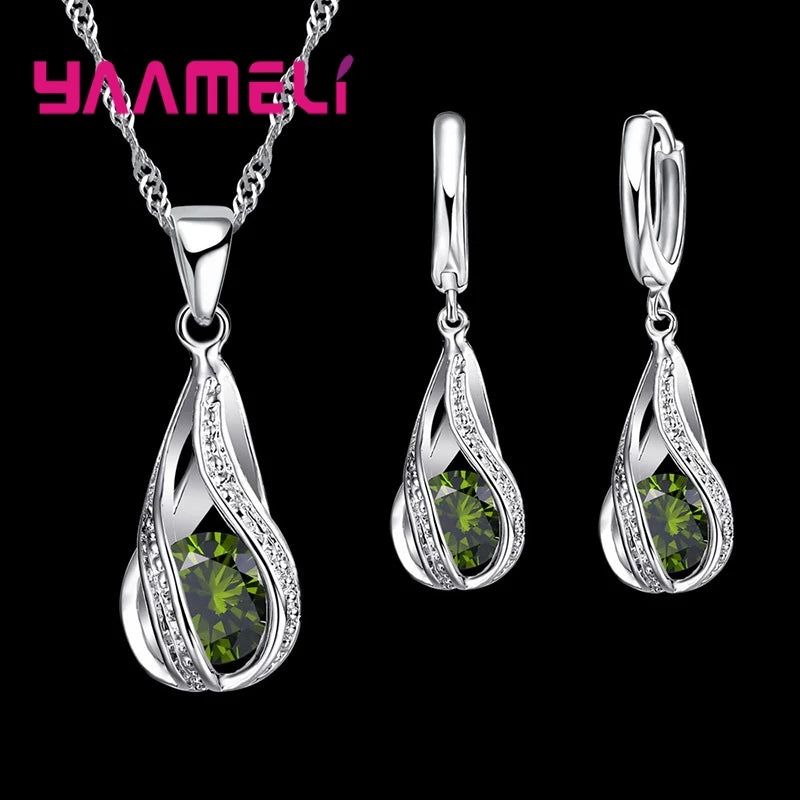 Women’s Water Drop CZ Jewelry Set with Necklace, Hoop Earrings and Ring