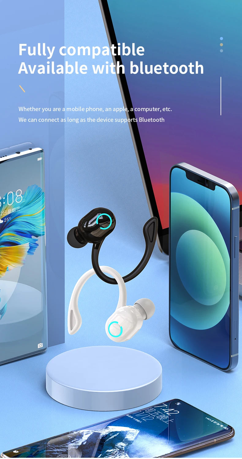 Wireless Bluetooth Earphones with HiFi Bass, HD Microphone, Ear-Hook Design, Noise Cancelling, Waterproof Sports Gaming Headset