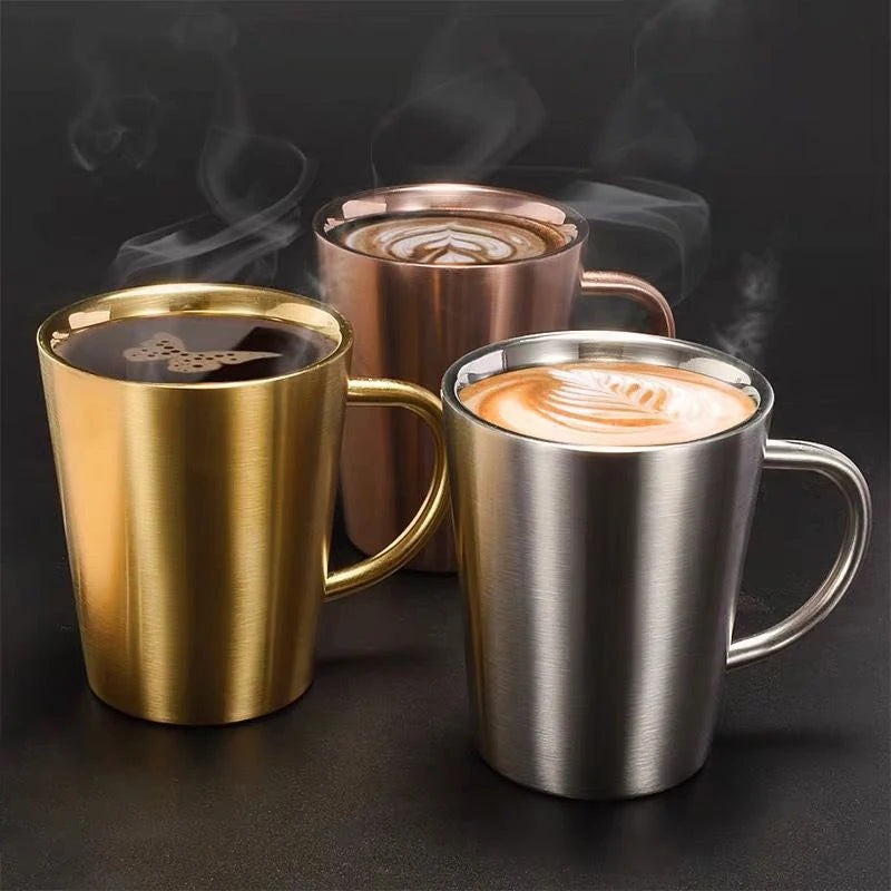 300ml Double-Layer 304 Stainless Steel Coffee Mug with Handle Gold and Silver Drinkware Cup
