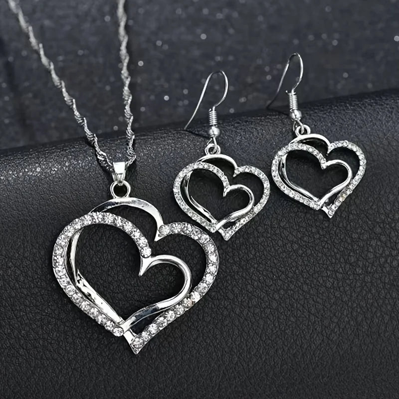 Women’s Double-Layer Hollow Heart Pendant Necklace with Rhinestones