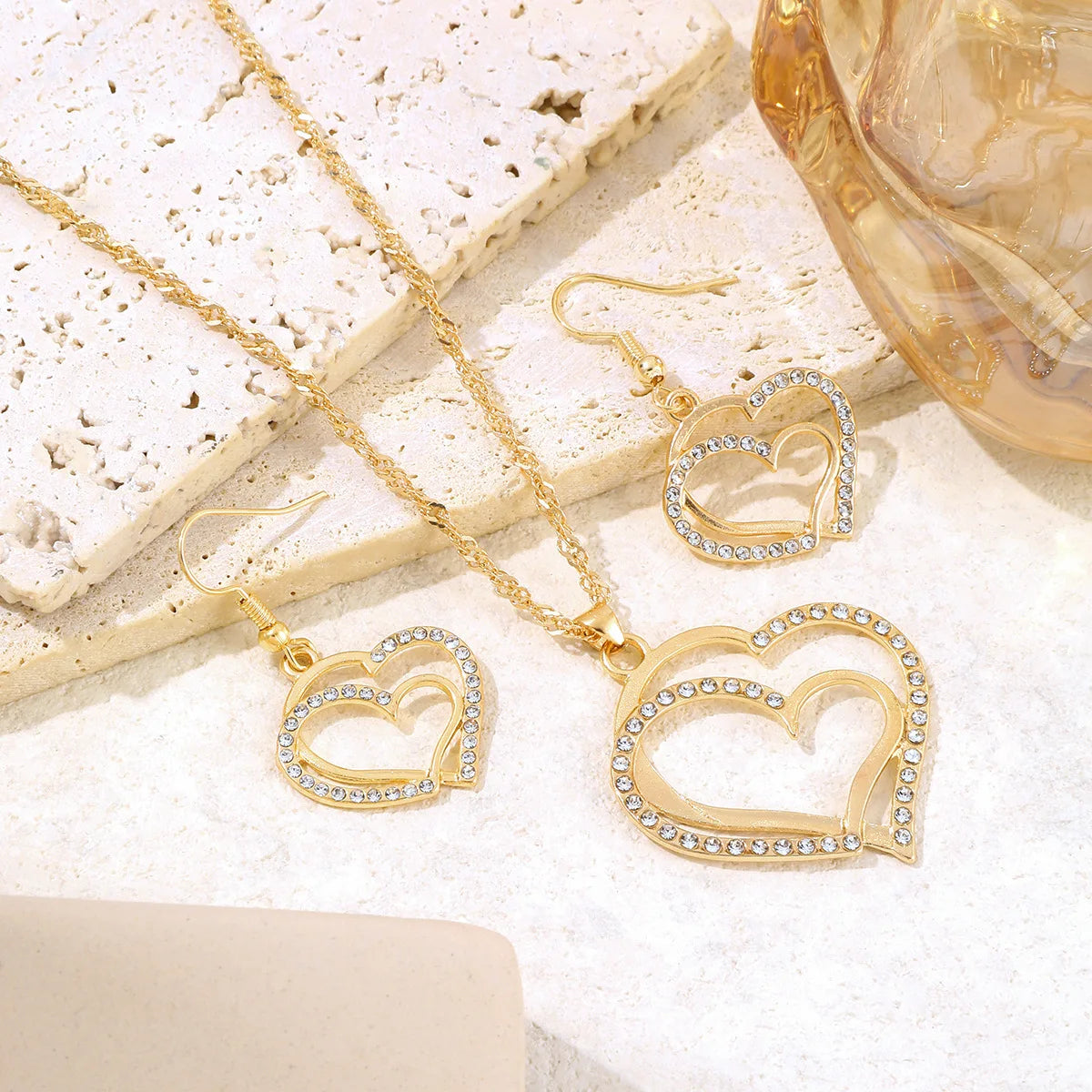 Women’s Double-Layer Hollow Heart Pendant Necklace with Rhinestones