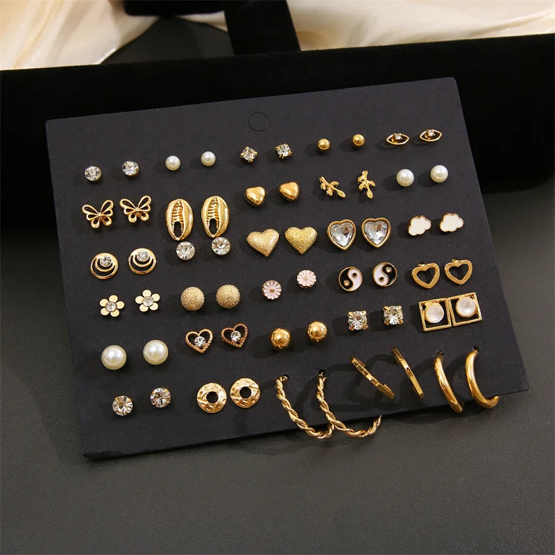 40Pcs Gold Color Earrings Set for Women Butterfly Heart Pearl