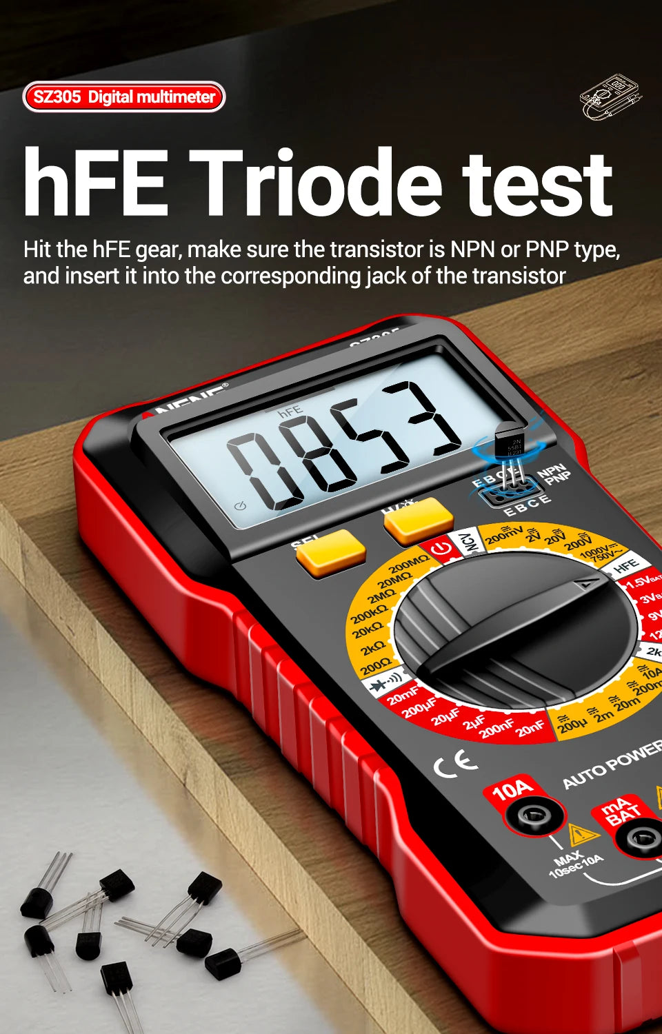 ANENG SZ305 Digital Multimeter Professional AC/DC Voltage Ammeter with Capacitor, hFE Triode and NCV Tester