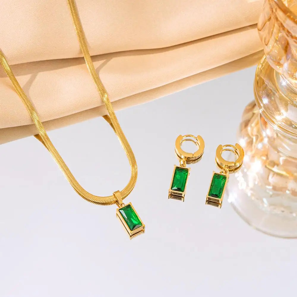 Green Crystal Necklace and Earrings Jewelry Set for Women