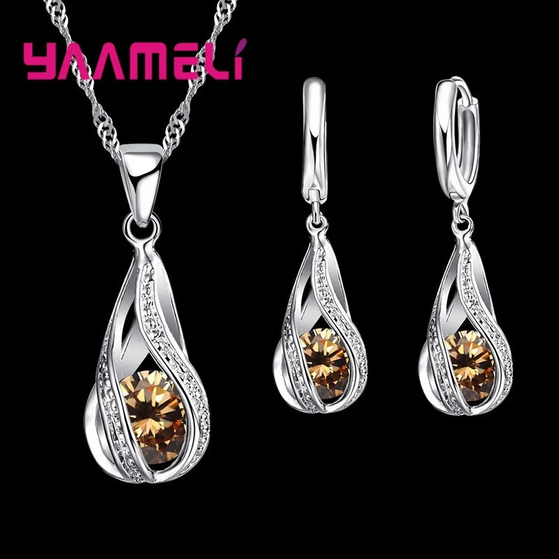 Women’s Water Drop CZ Jewelry Set with Necklace, Hoop Earrings and Ring